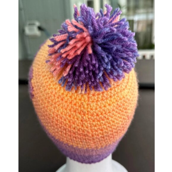 Handmade Crochet Beanie with Pom Pom and Floral Appliques — Purple Orange Ombre - Picture 4 of 7